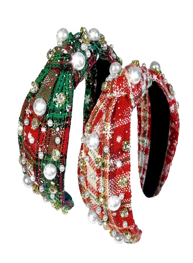 Koeilay 2 Pcs Christmas Headbands for Women Pearl Rhinestone Knot Headband Xmas Crystal Jeweled Hair Band Bow Wide Top Knotted Headband Christmas Hair Accessories Holiday Party Outfits(Snowflake Plaid) - Image 1